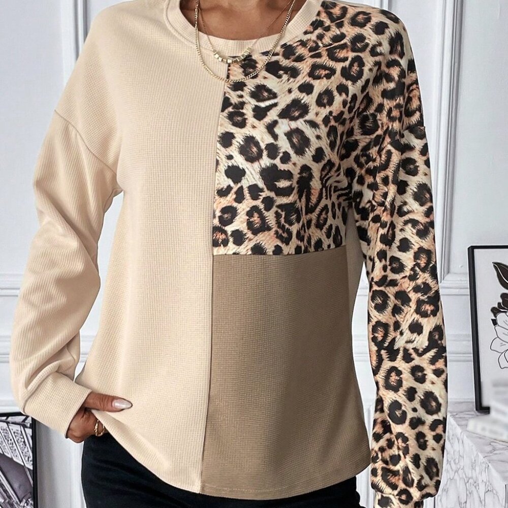 Pale Khaki Leopard Colorblock Waffle Knit Top